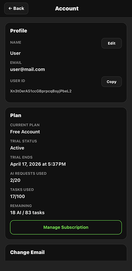 Task AI account screen on mobile
