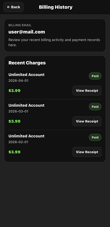 Task AI billing history on mobile