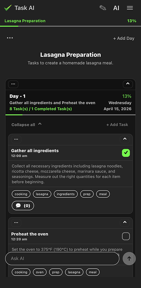 Task AI task list screenshot