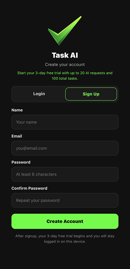 Task AI signup screenshot