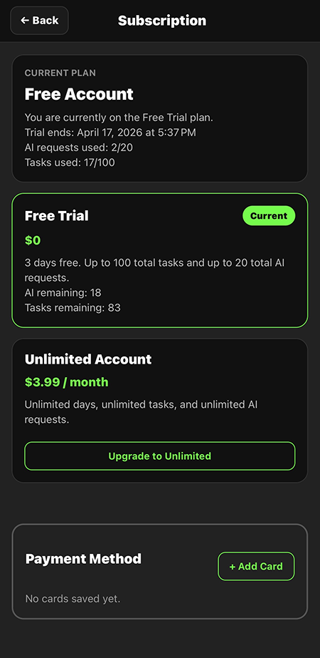 Task AI subscription screen on mobile