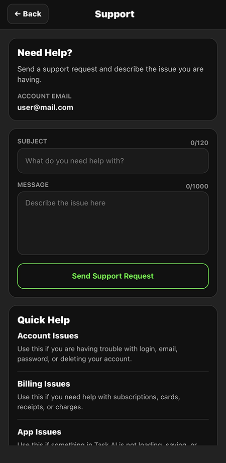 Task AI support screen on mobile